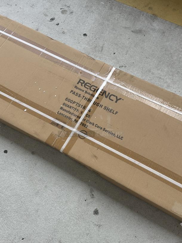 Regency 16-Gauge Stainless Steel Pass-Through Shelf, Model 600PTS1884, new with scratch and dent, in original packaging.