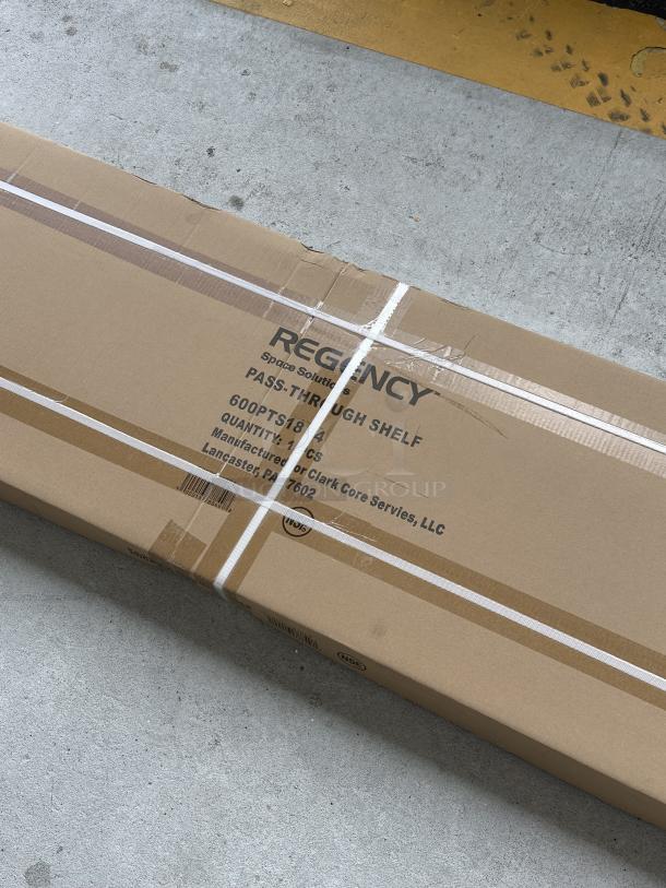 Brand new Regency 16-gauge stainless steel pass-through shelf, model 600PTS1884, 18"x84", in original packaging.