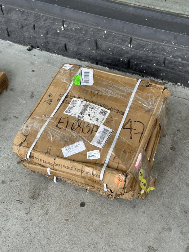 Lancaster Table & Seating Excalibur 22" x 30" Cross Outdoor Table Base Plate, model 427TB2230; box is damaged.