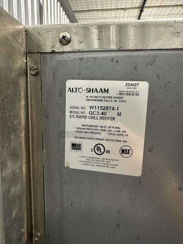 Used Alto-Shaam QC3-40 rapid chill refrigerator/freezer, serial W1152874-1, 115/208-230V, shown with label detailing specs.