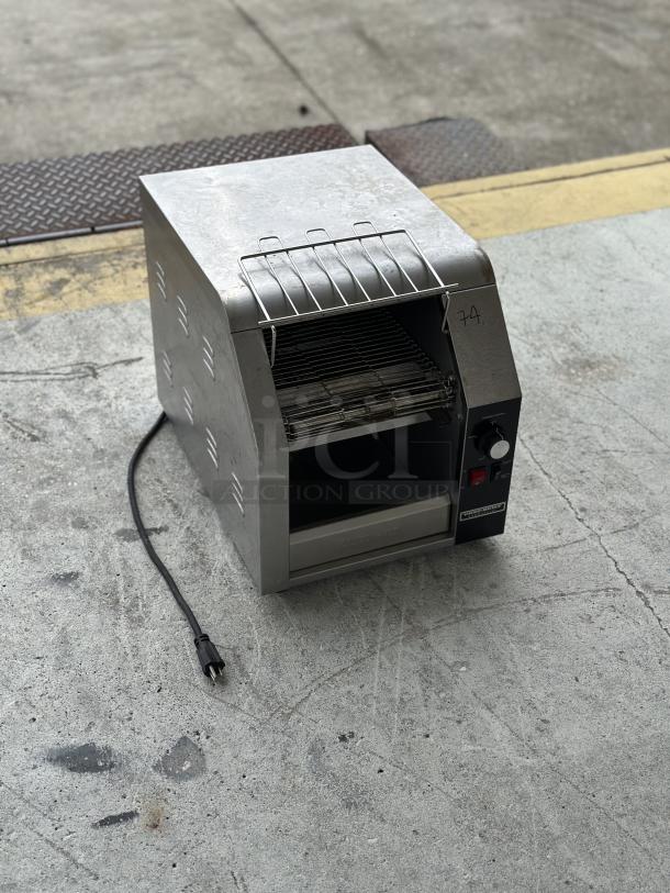 USED Chef-Built commercial toaster conveyor, stainless steel, visible power cord, knob controls, item marked "74".