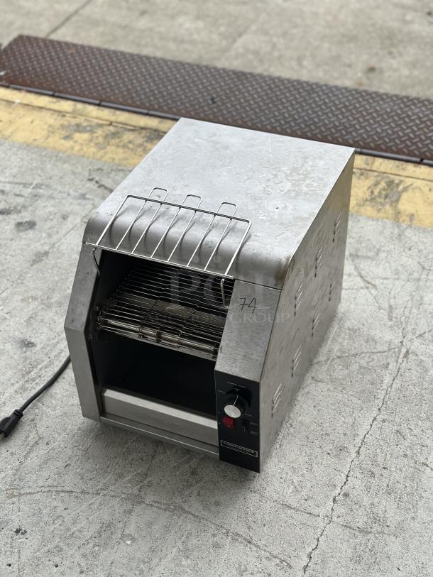 USED Chef-Built Commercial Toaster Conveyor. Condition shows wear. Features adjustable controls, stainless steel body.