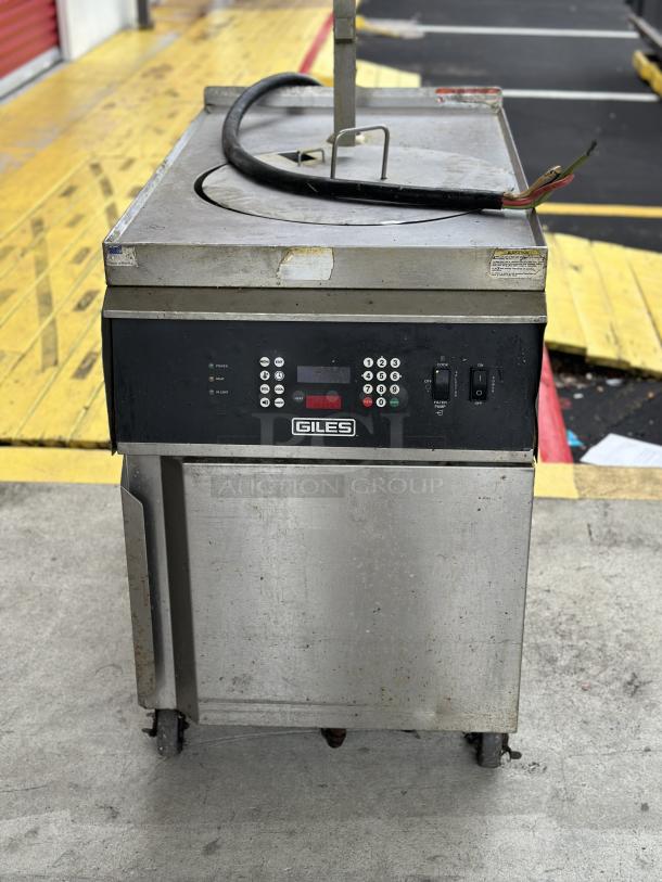 USED Giles electric fryer with control panel, visible wear and markings, stainless steel body, and attached hose.