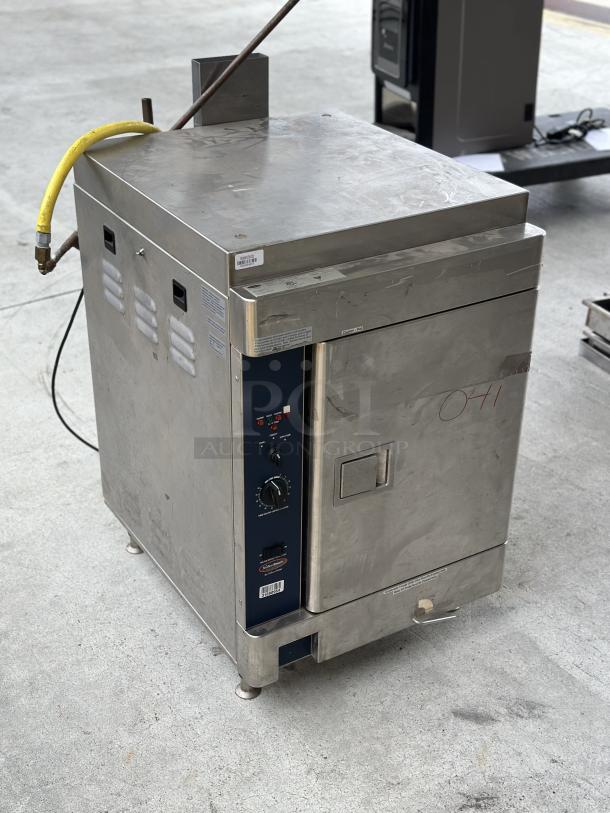USED Stellar Steam Steamer, stainless steel, noticeable wear, control panel with knobs, utility connections visible, industrial use.