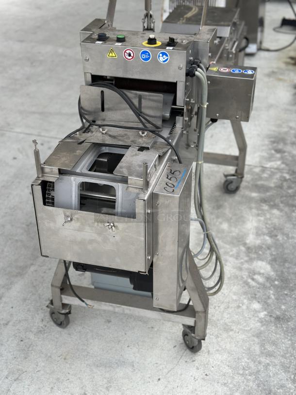 USED Oliver Speedseal MX 1808 Automated Packaging System, stainless steel, control panel with safety labels, on wheels.