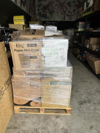 BRAND NEW! MIXED PALLET! ALL IN BOXES! 20 PACKS OF 50 16 oz. 500CC16PLA 1000/Case. 16 OZ. CLEAR HEAVYWEIGHT PLASTIC COLD CUPS 1000/CASE 16oz. 500CC16HD. LOW DENSITY Trash Bags LOW DENSITY Trash Bags  50 Bags. LOW DENSITY Trash Bags LOW DENSITY Trash Bags  50 Bags. White 3-Compartment Hinged Take-out Container 50/Pack 4 Packs/Case. HEAVY DUTY 65.6 OZ. SILVER Smoothwall Foil Entree/Take-Out Pans Large Oblong with Dome Lid. Black Individually Wrapped Extra Heavy Weight Plastic Cutlery Packs with Fork, Knife, Spoon, Napkin, and Salt & Pepper. Plastic Heavyweight Cutlery Packs with Fork, Knife, and Spoon 500/Case. 10 oz. Paper Hot Cups Kraft 1,000/CASE 50/PACK. Disposable Gloves Black Powder-Free All Purpose Hybrid Vinyl/Nitrile Gloves 10/100 Count. Large Disposable Gloves Black Powder-Free Hybrid Vinyl/Nitrile Gloves 10/100 Count X-Large. White 4 Paper 40/Pack 4 Packs/Case 160 Pieces/Case 795PTOWHT4. 12 PET Muffin Containers 100/CS. ROLL 2-PLY Jumbo Toilet Paper 2-PLY JUMBO TOILET TISSUE ROLL T2/CASE 12 ROLLS. ROLL 2-PLY Jumbo Toilet Paper 2-PLY JUMBO TOILET TISSUE ROLL T2/CASE 12 ROLLS. 3.25 oz. 4 oz  5.5 oz. Portion Cup Lid Clear Plastic 2,500/Case. 16 OZ. CLEAR PET PLASTIC COLD CUPS ASOSLE PET PLASTIC CLEAR FOR COLD DRINKS 1000/CASE 1000 PER BOX 20 PACKS OF 50 PACKS OF 50 16oz. 500CC. 16 OZ. CLEAR PET PLASTIC COLD CUPS ASOSLE PET PLASTIC CLEAR FOR COLD DRINKS 1000/CASE 1000 PER BOX 20 PACKS OF 50 PACKS OF 50 16oz. 500CC. Cash Register POS Paper Roll Tape 2-Ply, Carbonless 50 Rolls/CS 3
