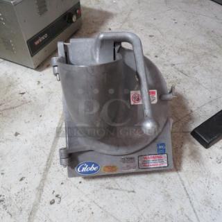 Globe 30 Quart Pelican Head Attachment, made of metal with handle. Features Globe branding and safety warning labels. Appears in used condition.