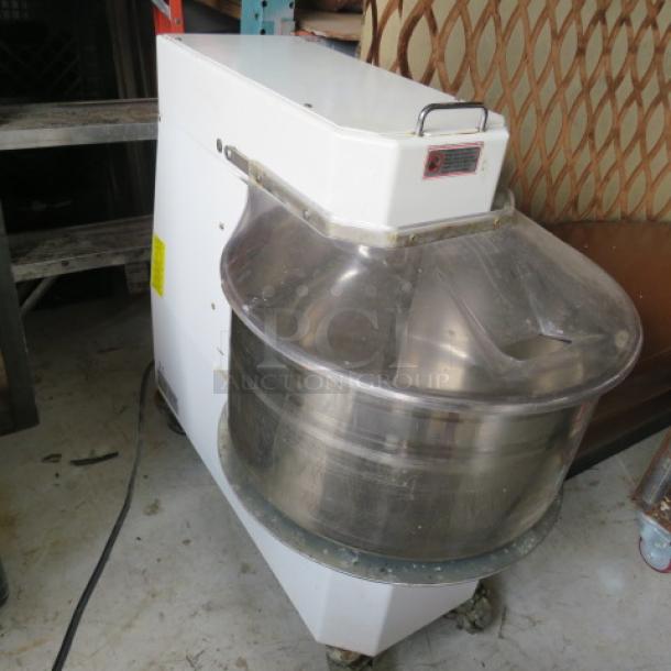 Sirman Hercules spiral dough mixer, tilting head, removable 55 qt bowl, Model HRC5077A, 220V, used, visible labels.