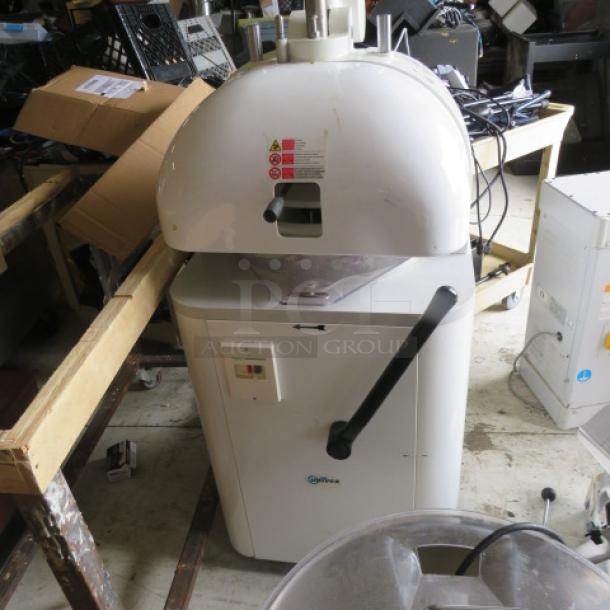 Univex Dough Divider Rounder MBDR11 on casters, 220V, 3 phase. Clean condition, controls on side, warning labels visible.