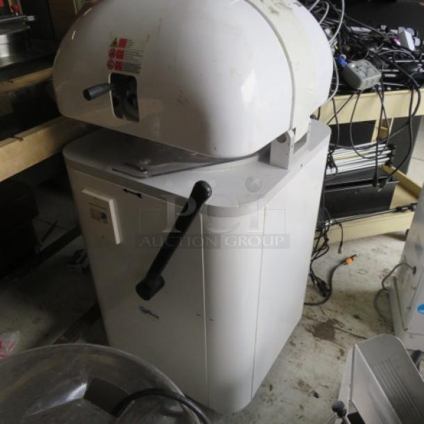Univex Dough Divider Rounder MBDR11 on casters, 220V, 3-phase. White finish, appears in used condition, visible control lever.