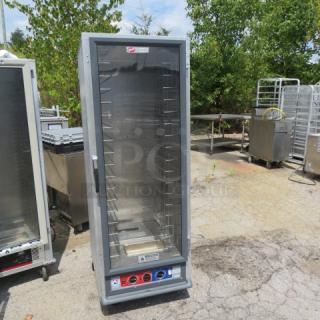 Metro heated proofing cabinet on casters, model C5CMEO39453, 120V, 25x29x70.5 inches, excellent condition.