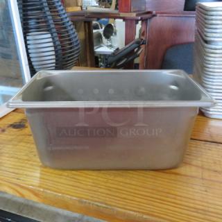 One 1/3 size 6-inch deep stainless steel hotel pan, in good condition, with clean edges and a smooth finish.
