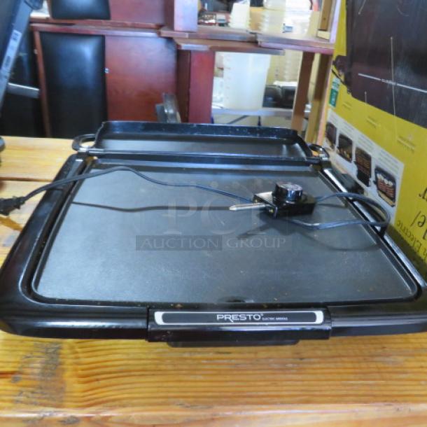 Presto Cool Touch Electric Griddle Warmer Plus, black, used condition, includes power cord and temperature control dial.