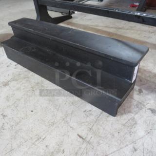 Two-tier wooden bottle display, 34x9x9 inches, black finish, used condition, ideal for showcasing bottles.