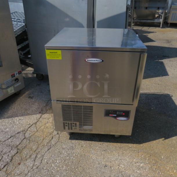 American Panel Blast Chiller on casters, model AP3BCF30-1-D. Features probe, digital panel. Dimensions: 25.5x26x35 inches.