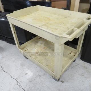 Utility cart on casters, 40x26x34 inches. Features two shelves, side handle. Shows signs of wear and discoloration.