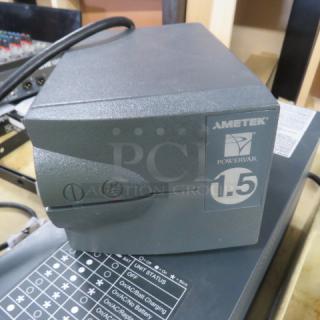 Ametek Powervar 1.5 Battery Backup, model #ABC150-11, gray, showing front power button and status labels. Good condition.