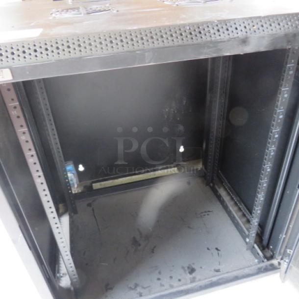 Omni Mount equipment wall mount box, black, metal, open-front, adjustable brackets, minor wear visible.
