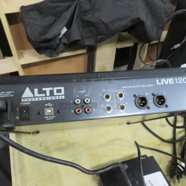 Alto Professional Live 1202 Mixer, model 1202. Features multiple input/output ports, USB audio, in used condition.
