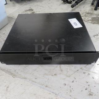 Black metal drawer with handle, in good condition. Label marked "123" on top. Suitable for under-desk or rack use.