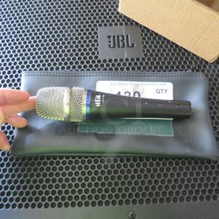 Heil microphone with silver mesh head and black handle in good condition, placed on a black zipper bag.