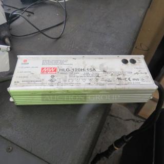 MW HLG-120H-15A Power Converter, in pre-owned condition, model label visible, priced at $56.98.