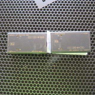 HDMI Extender pair, includes transmitter and receiver units, black casing, labeled for HDMI over Cat5e/6 cables.