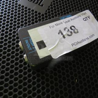 Compact audio splitter with two input/output jacks, label "High In/Out," auction tag number 138, black metal casing.