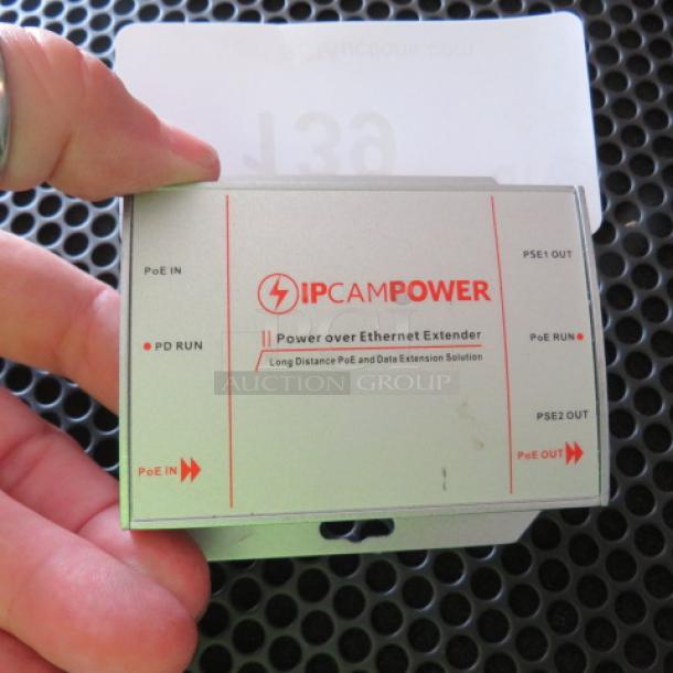 IPCamPower PoE Extender #IPCP-EXT2D, labeled ports, metal case, for long-distance PoE and data extension, excellent condition.