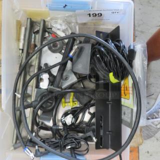 Box of miscellaneous tools and electronics, includes cables, mounting brackets, small parts. Item tag labeled "199."