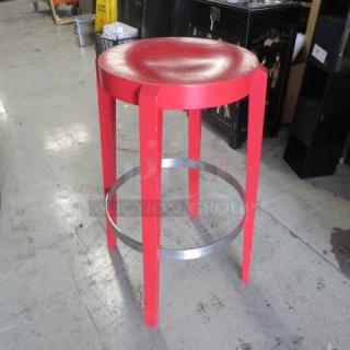 Red Wooden Bar Height Stool With A Chrome Footrest. 2XBID - Item #1208986