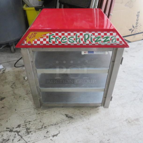 Fusion Pass Thru Pizza Warmer, Model 513, with 3 stainless steel shelves, red "Fresh Pizza" top, 120 Volt, 19x19x19 inches.