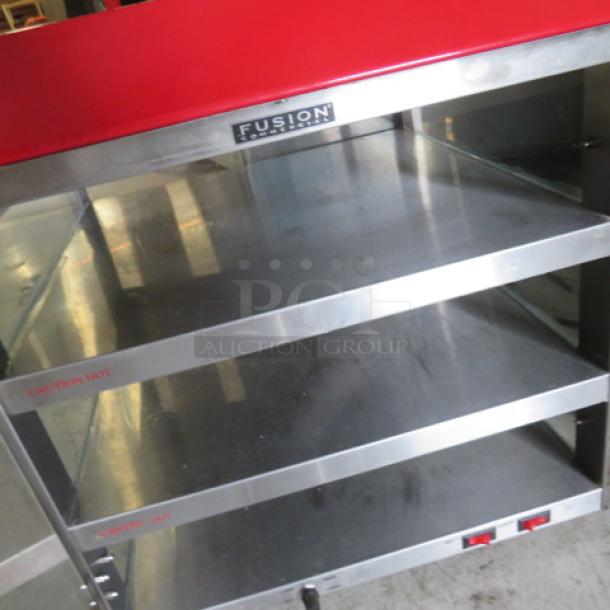 Fusion Pass Thru Pizza Warmer, Model 513, 19x19x19, with 3 stainless steel shelves, 120V, visible brand label.