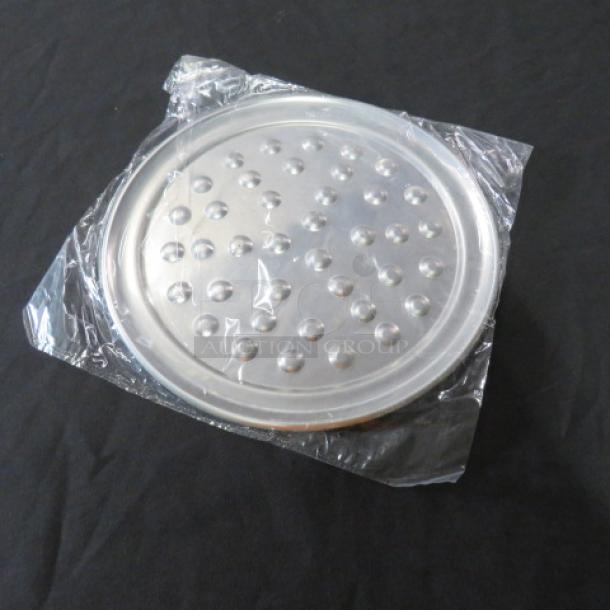 Winco APZN-10 10-inch pizza tray, new in packaging, perforated aluminum for even cooking. Model #APZN-10.