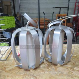 Contemporary pendant lights, metal frame with modern design, set of two, silver finish, excellent condition.