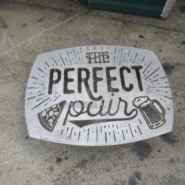 Wall sign "THE PERFECT PAIR" featuring pizza and brew design, 36x28 inches, rustic style, shows slight wear.