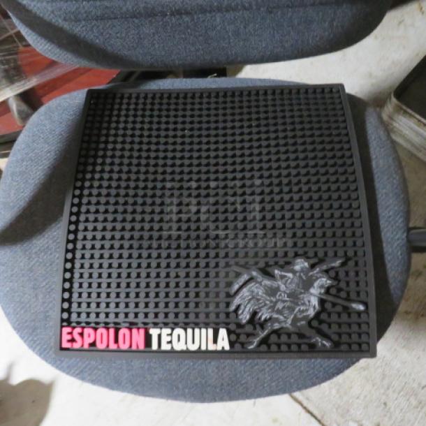 Espolon Tequila bar mat, black rubber with embossed logo and text, in good condition.