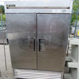 True T-49 refrigerator, 2-door, 4 racks, on casters, stainless steel, model T-49, 115V, 54x30x83, light wear.