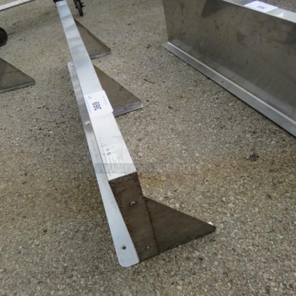 Stainless steel wall mount shelf, 48x12 inches, with 3 brackets. Features visible label detailing specifications. Good condition.