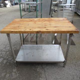 Boos Block butcher block table, 1-3/4" thick, 48x30x34 inches, split in the middle, with stainless steel under shelf.