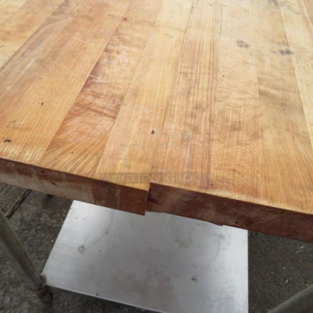 Boos Block butcher block table, 48x30x34 inches, 1-3/4 inch thick, split top, stainless steel undershelf, gently used.