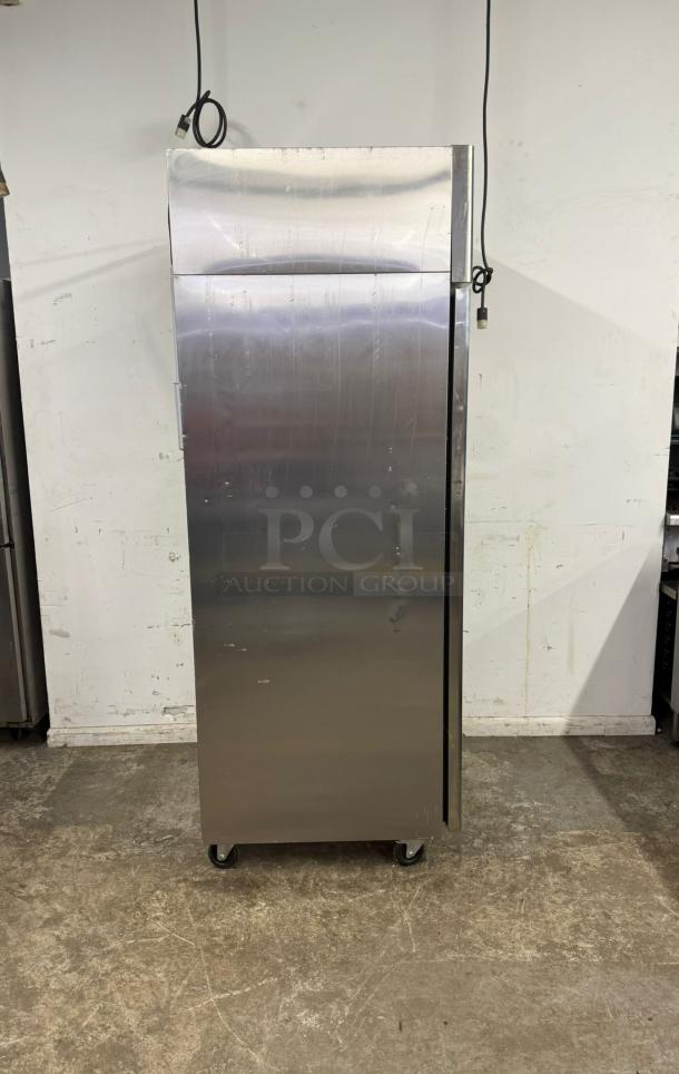 Atosa MBF8001 22.6 Cu.ft Single Door Top Mount Reach-In Freezer, stainless steel, on wheels. Appears clean with minor wear.