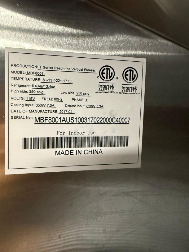 Atosa MBF8001 freezer label showing model, refrigerant, voltage, cooling input, and manufacture date. Made in China.
