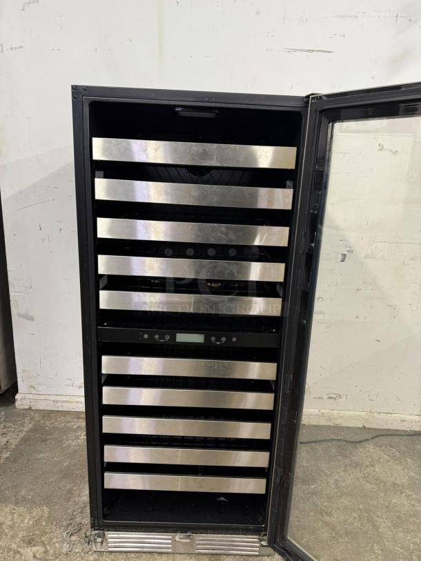 Summit SWCP2116 wine cellar, dual zone, 24" wide, glass door with stainless trim, full-extension shelving, built-in lock.