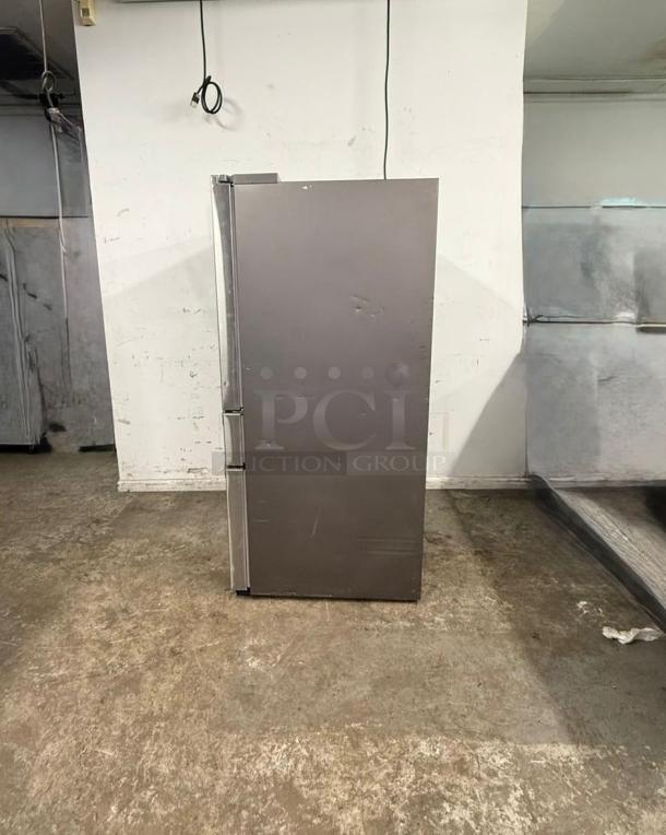 Samsung 4-Door French Door Smart Refrigerator, stainless steel, side view, minor scratches, FlexZone Drawer.