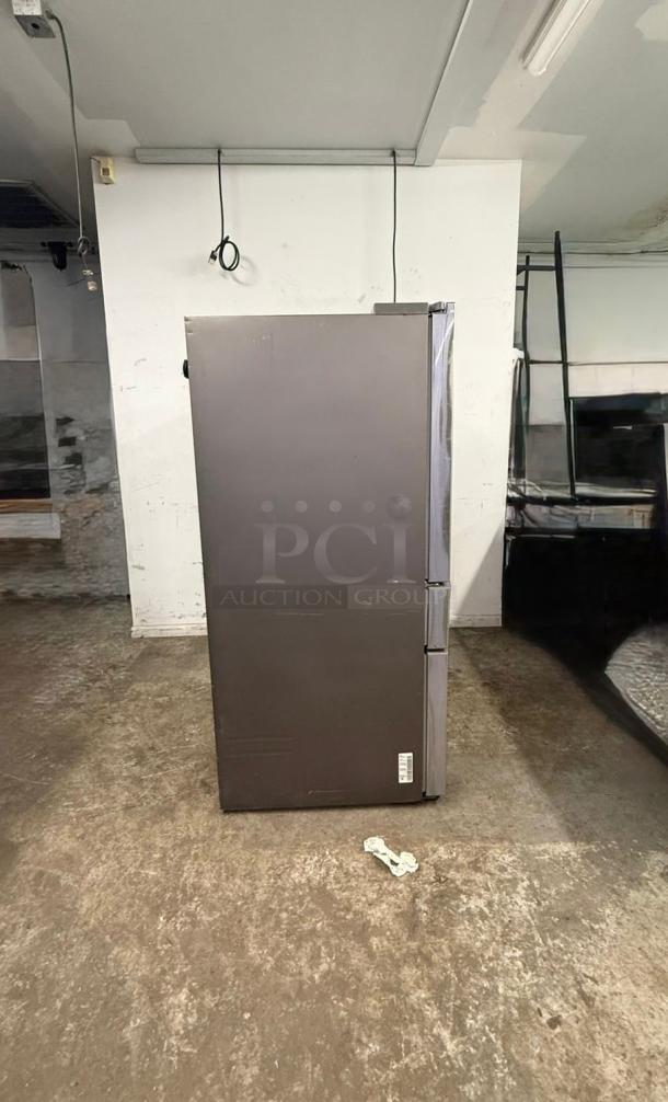 Samsung 4-Door French Door Smart Refrigerator, FlexZone Drawer, Stainless Steel, Side View, Used Condition.
