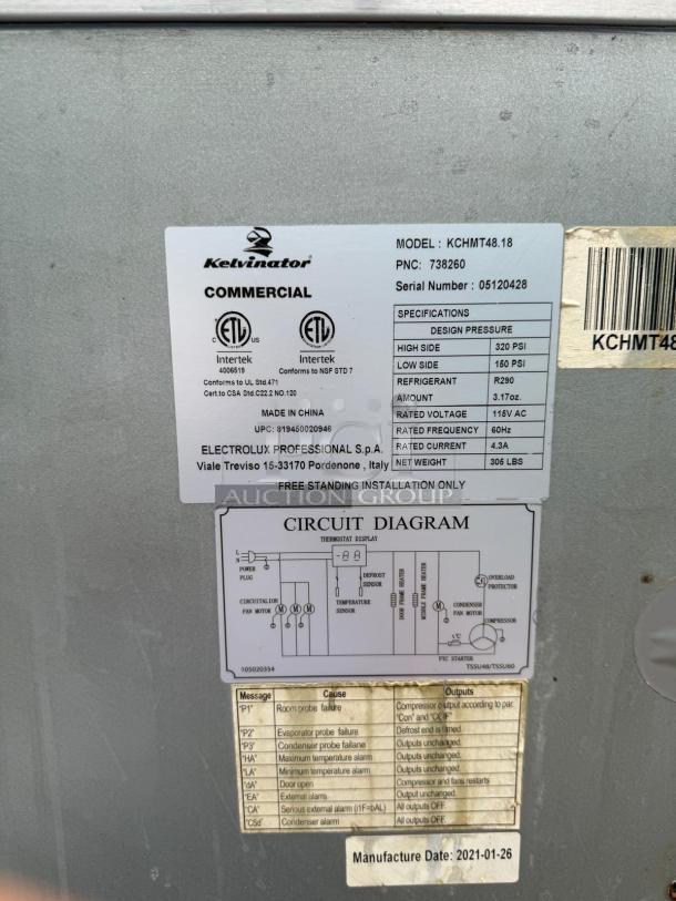 Kelvinator Commercial KCHMT48.18 prep table, model label with specs: refrigeration, voltage, weight. Made 2021-01-26.