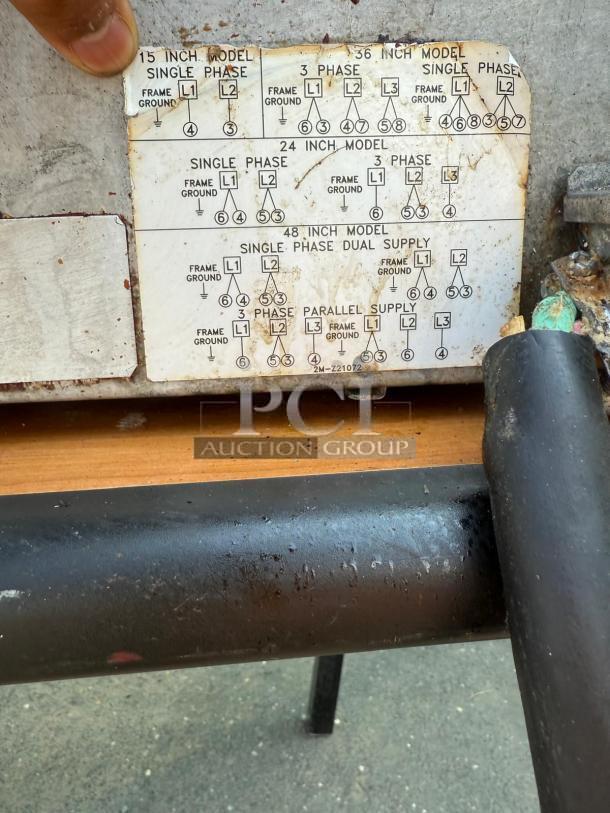 Toastmaster 36" Thermostatic Gas Griddle, showing wiring diagram label, used condition, ideal for commercial cooking.