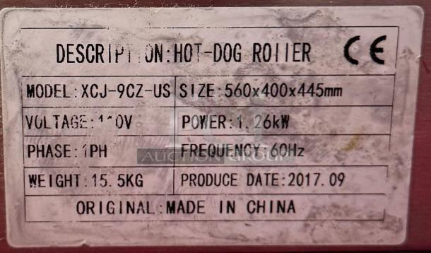 Metal label showing details of Hot Dog Roller Grill XCJ-9CZ-US, 120v, 1.26kw, 2017 production, made in China.