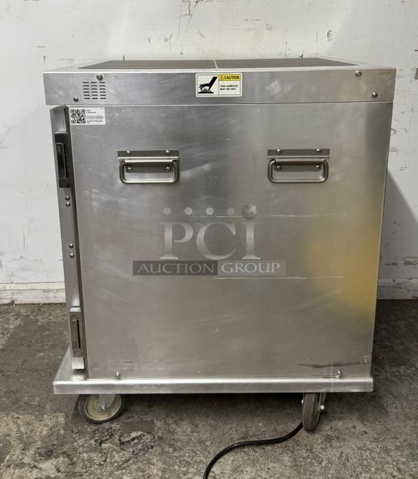 Cres Cor H339U8AC insulated mobile heated cabinet, 8-pan capacity, stainless steel, two handles, visible caution label.